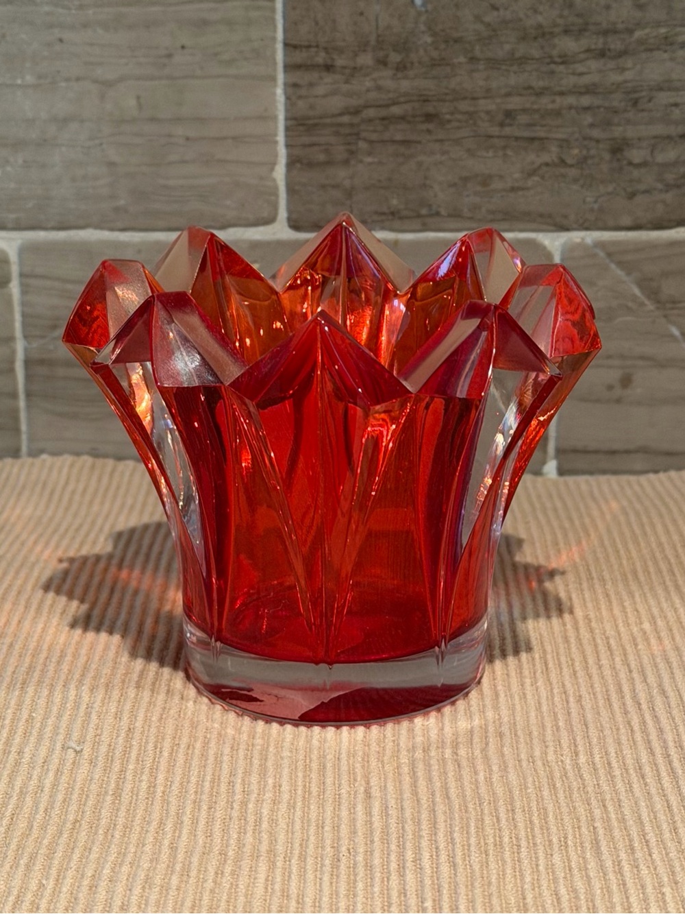 Vintage Mikasa Red Crystal Skyline Votive Candle Holder Czech Republic